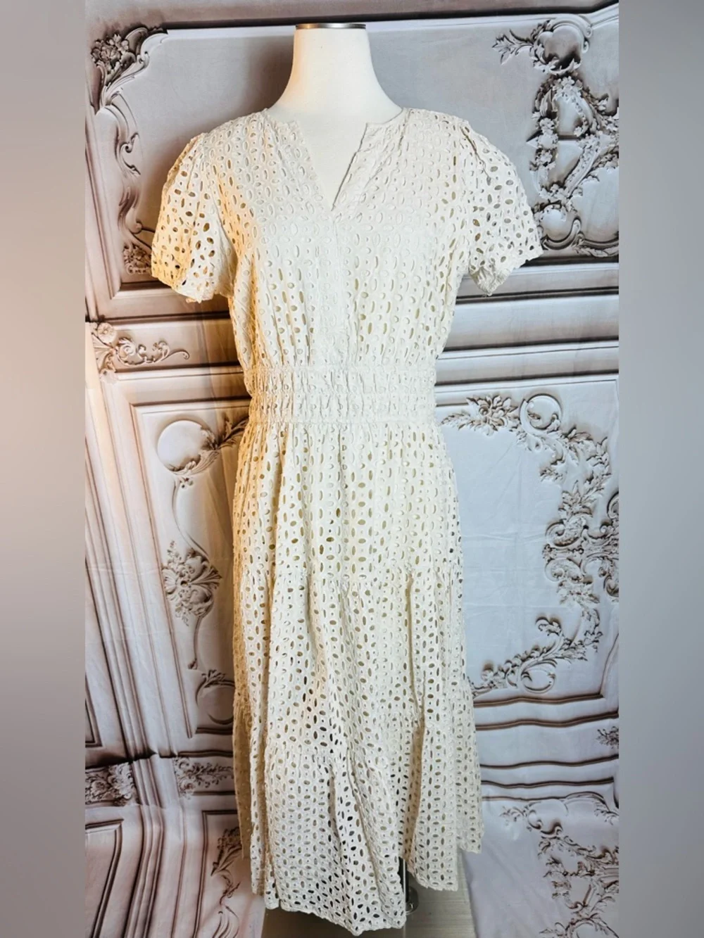 White Eyelet Maxi Dress with Royal Blue Bow Belt - Picture 5 of 13